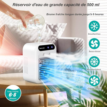 Climatiseur portable, climatiseur portable silencieux 4 en 1, capacité de 500 ml, deux vitesses de ventilation, deux modes de pulvérisation, mini climatiseur, convient aux bureaux et aux chambres.