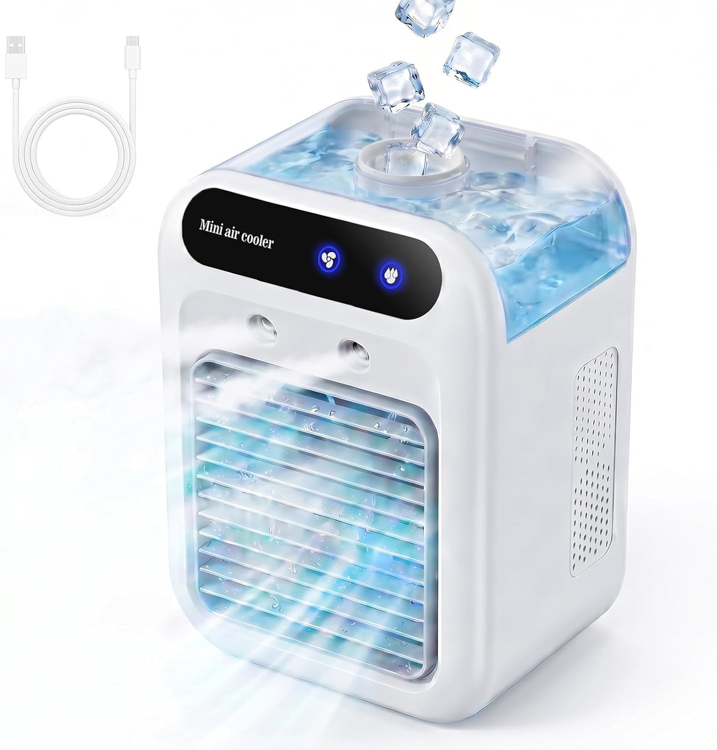 Climatiseur portable, climatiseur portable silencieux 4 en 1, capacité de 500 ml, deux vitesses de ventilation, deux modes de pulvérisation, mini climatiseur, convient aux bureaux et aux chambres.