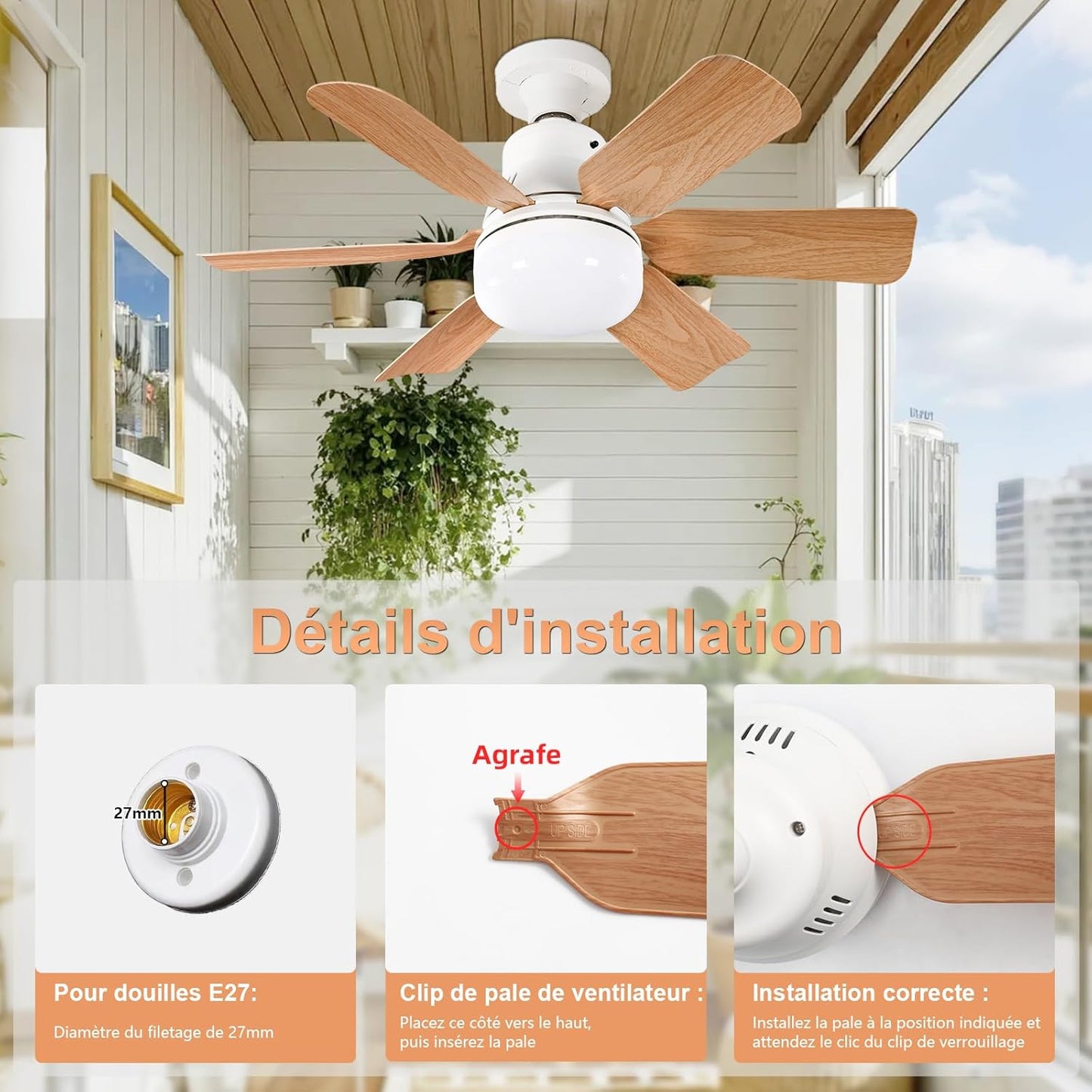 Ventilateur Plafond avec Lumiere,télécommande,51CM，Lustre Chambre,Grain de Bois,3 Vitesses,Réglage continu Luminosité et Température de Couleur,pour les Chambres, les Balcons, les Couloirs et les Salo