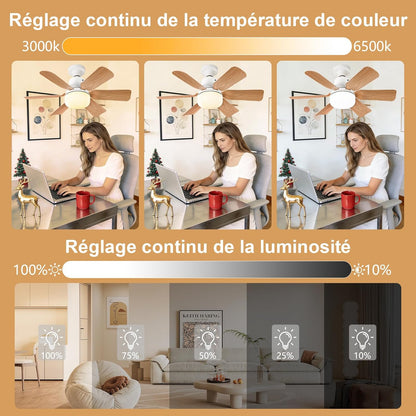 Ventilateur Plafond avec Lumiere,télécommande,51CM，Lustre Chambre,Grain de Bois,3 Vitesses,Réglage continu Luminosité et Température de Couleur,pour les Chambres, les Balcons, les Couloirs et les Salo