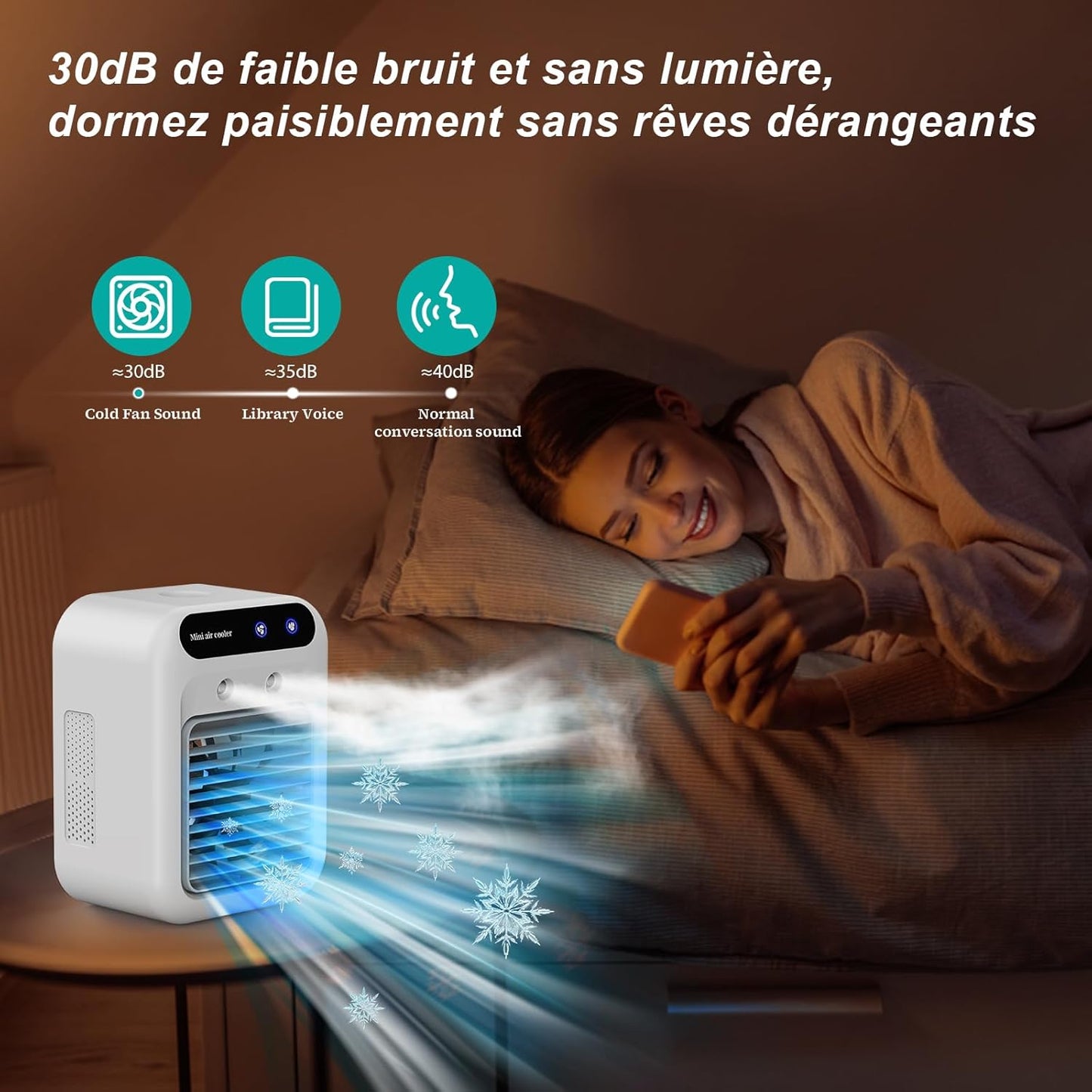 Climatiseur portable, climatiseur portable silencieux 4 en 1, capacité de 500 ml, deux vitesses de ventilation, deux modes de pulvérisation, mini climatiseur, convient aux bureaux et aux chambres.