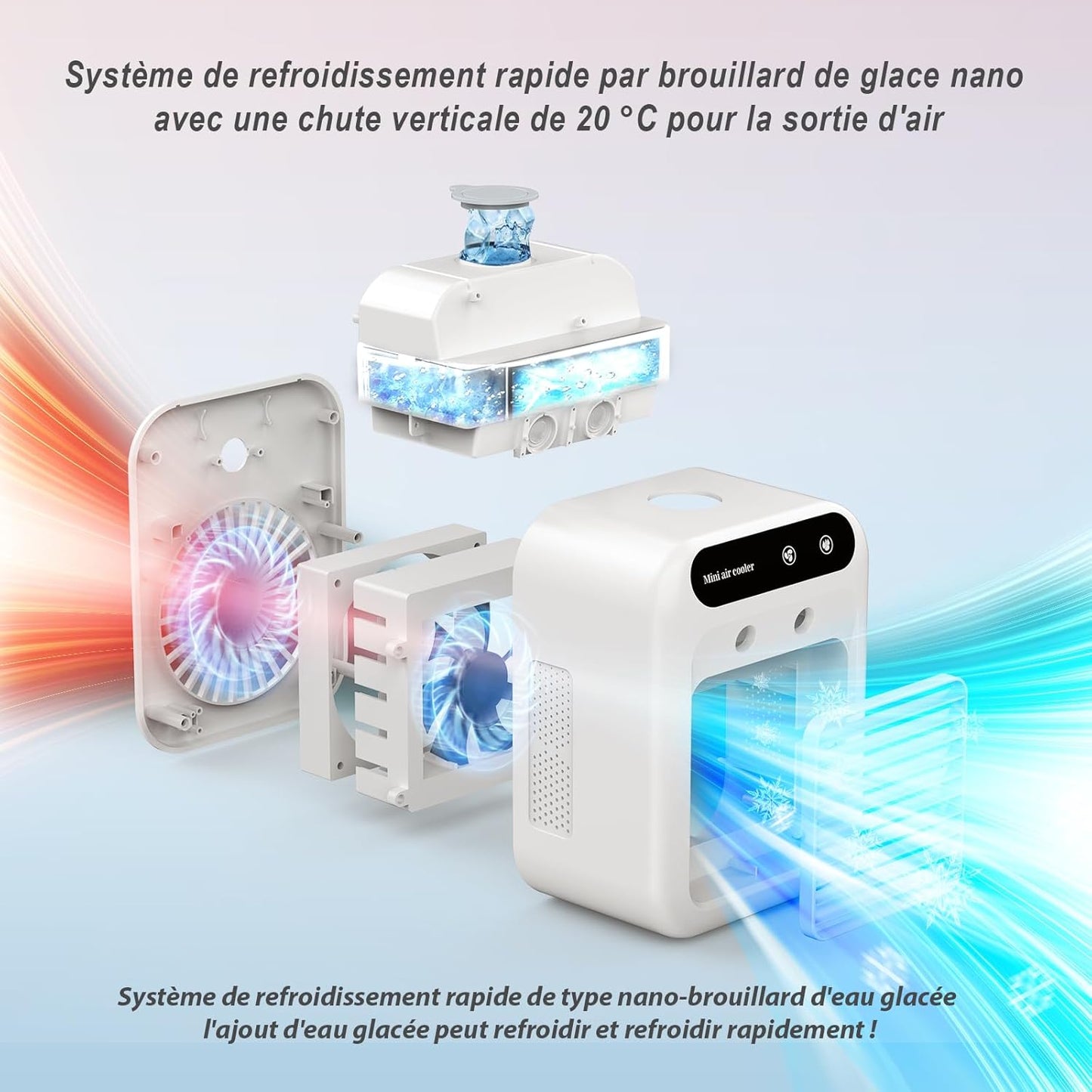 Climatiseur portable, climatiseur portable silencieux 4 en 1, capacité de 500 ml, deux vitesses de ventilation, deux modes de pulvérisation, mini climatiseur, convient aux bureaux et aux chambres.