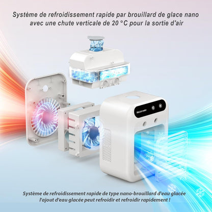 Climatiseur portable, climatiseur portable silencieux 4 en 1, capacité de 500 ml, deux vitesses de ventilation, deux modes de pulvérisation, mini climatiseur, convient aux bureaux et aux chambres.