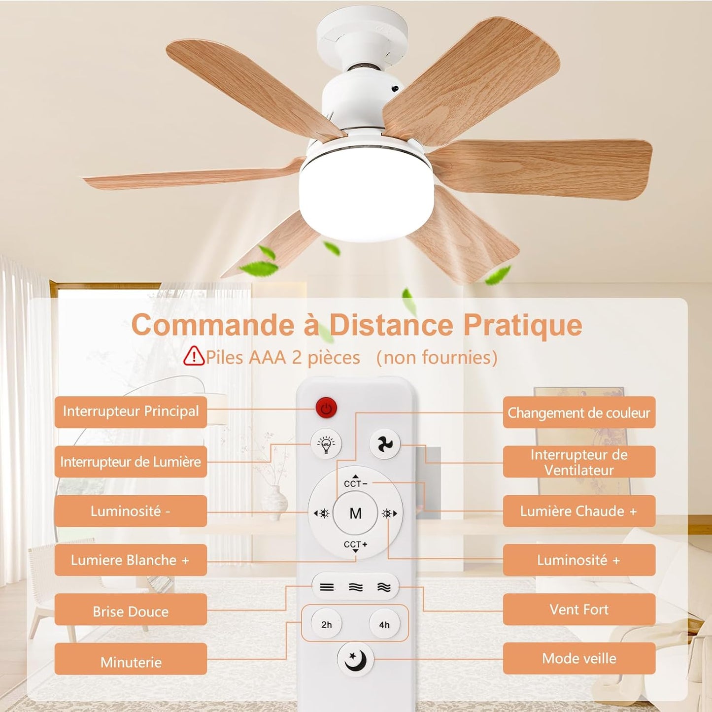 Ventilateur Plafond avec Lumiere,télécommande,51CM，Lustre Chambre,Grain de Bois,3 Vitesses,Réglage continu Luminosité et Température de Couleur,pour les Chambres, les Balcons, les Couloirs et les Salo