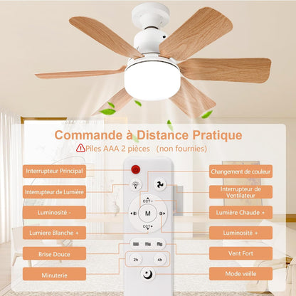 Ventilateur Plafond avec Lumiere,télécommande,51CM，Lustre Chambre,Grain de Bois,3 Vitesses,Réglage continu Luminosité et Température de Couleur,pour les Chambres, les Balcons, les Couloirs et les Salo
