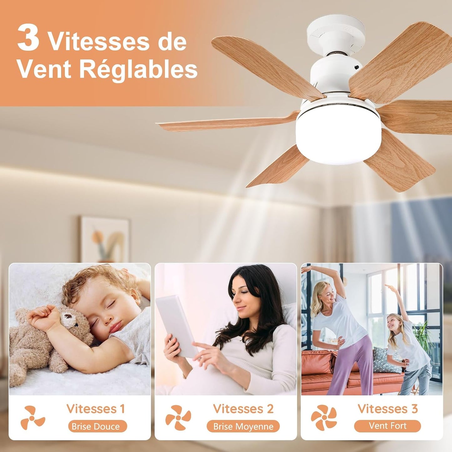 Ventilateur Plafond avec Lumiere,télécommande,51CM，Lustre Chambre,Grain de Bois,3 Vitesses,Réglage continu Luminosité et Température de Couleur,pour les Chambres, les Balcons, les Couloirs et les Salo