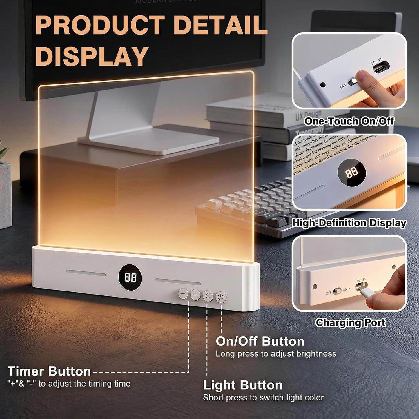 Lampe de Lecture LED Rechargeable – 3 Couleurs, Minuterie & USB-C