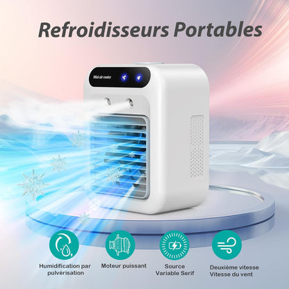 Climatiseur portable, climatiseur portable silencieux 4 en 1, capacité de 500 ml, deux vitesses de ventilation, deux modes de pulvérisation, mini climatiseur, convient aux bureaux et aux chambres.
