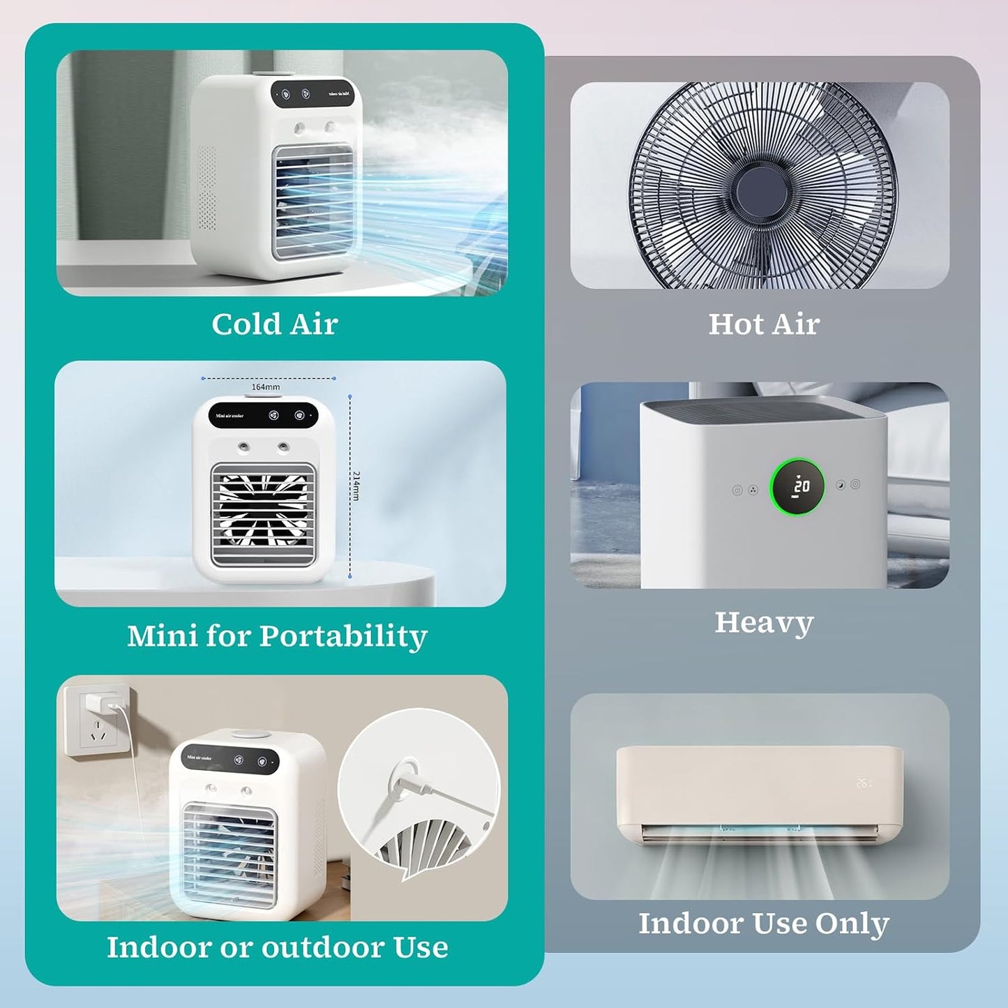 Climatiseur portable, climatiseur portable silencieux 4 en 1, capacité de 500 ml, deux vitesses de ventilation, deux modes de pulvérisation, mini climatiseur, convient aux bureaux et aux chambres.