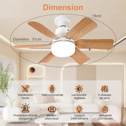Ventilateur Plafond avec Lumiere,télécommande,51CM，Lustre Chambre,Grain de Bois,3 Vitesses,Réglage continu Luminosité et Température de Couleur,pour les Chambres, les Balcons, les Couloirs et les Salo