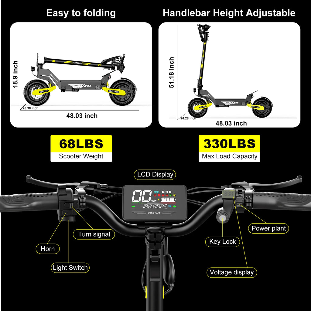EOEOTWO Trottinette Électrique 1200W Tout-Terrain – 48V Longue Portée, 48 km/h, Pneus 11" Tubeless, Pliable