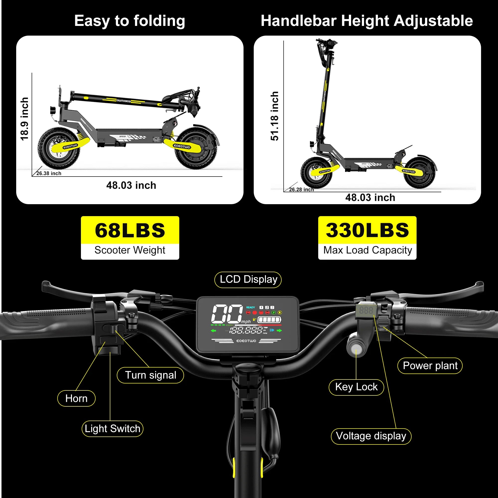 EOEOTWO Trottinette Électrique 1200W Tout-Terrain – 48V Longue Portée, 48 km/h, Pneus 11" Tubeless, Pliable