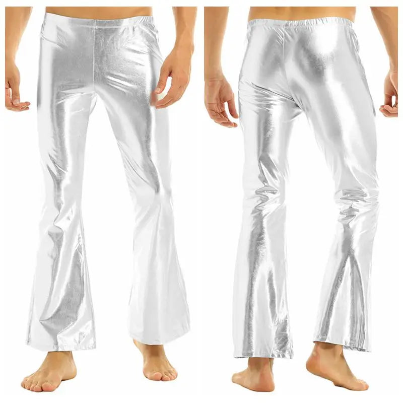 Mens Shiny Metallic Disco Pants with Bell Bottom Flared Long Pants Dude Costume Trousers for Rave Party Club Stage Performance