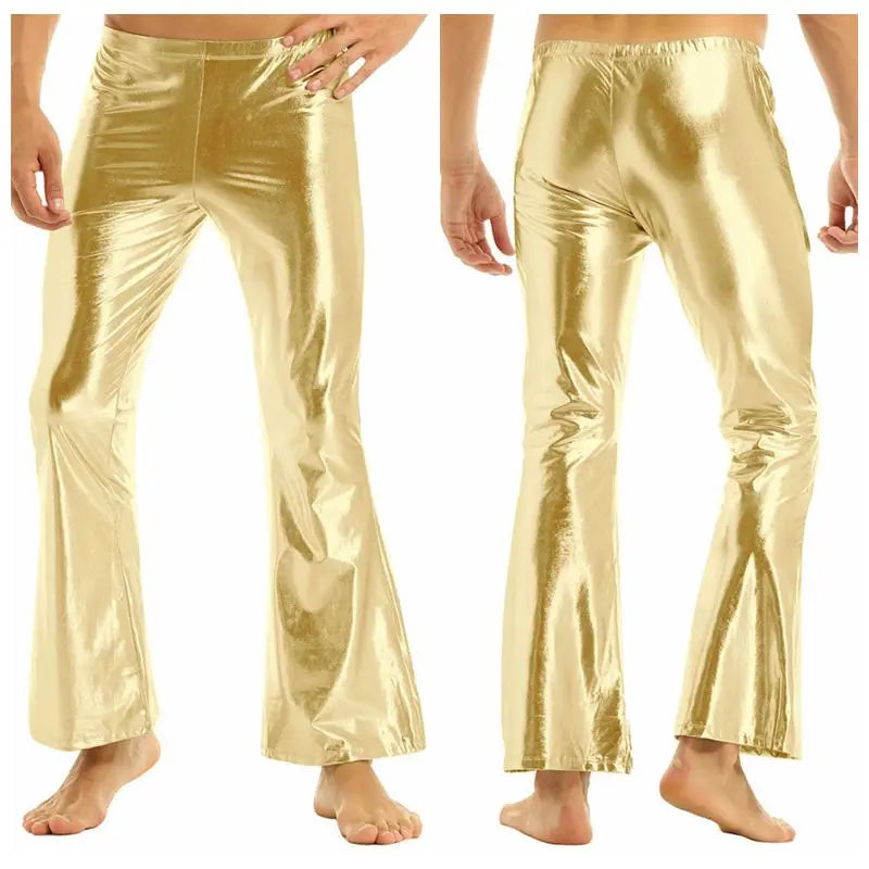 Mens Shiny Metallic Disco Pants with Bell Bottom Flared Long Pants Dude Costume Trousers for Rave Party Club Stage Performance