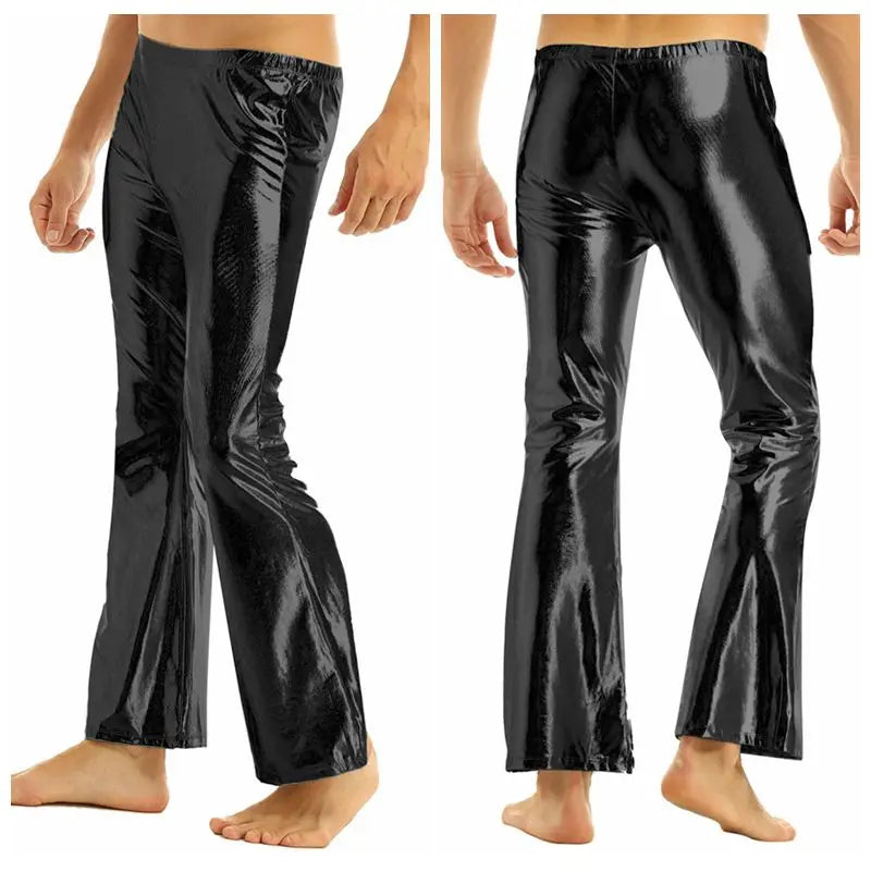 Mens Shiny Metallic Disco Pants with Bell Bottom Flared Long Pants Dude Costume Trousers for Rave Party Club Stage Performance