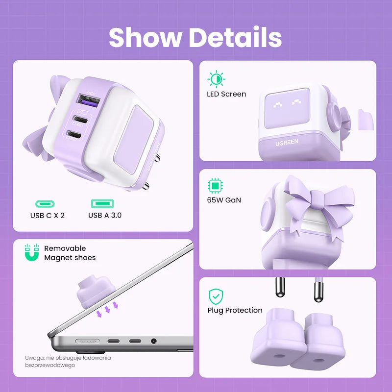 UGREEN 65W GaN Charger Uno Robot Design Quick Charge 4.0 3.0 PPS for iPhone 17 16 Pro Macbook Air Laptop Tablet PD Fast Charger