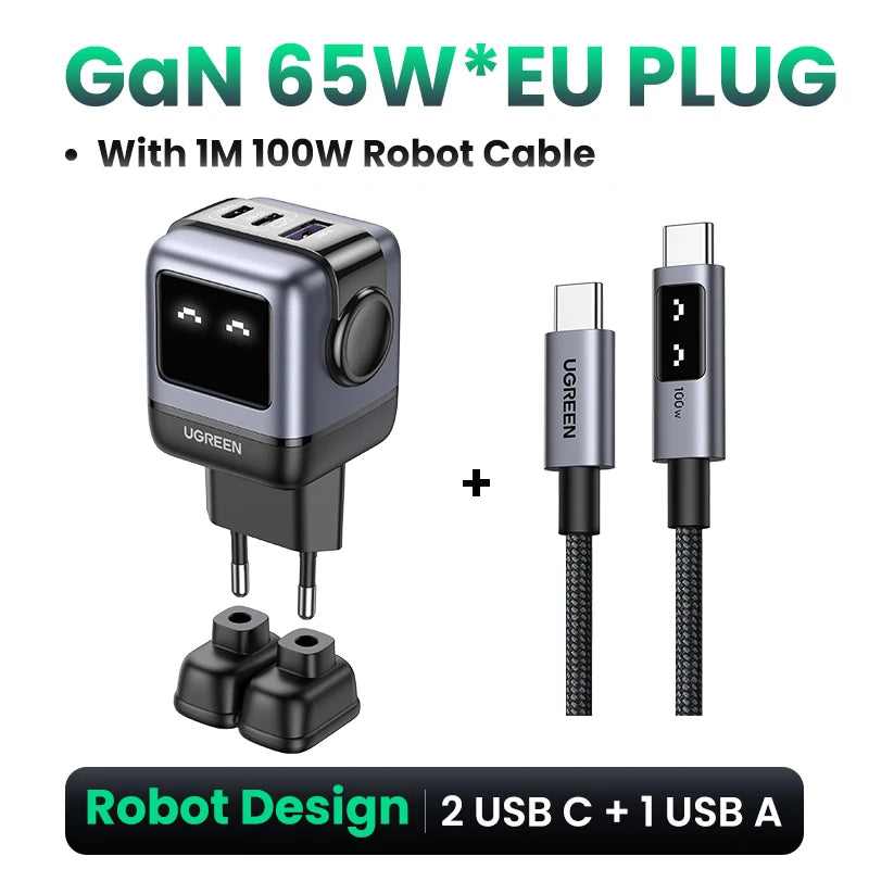 UGREEN 65W GaN Charger Uno Robot Design Quick Charge 4.0 3.0 PPS for iPhone 17 16 Pro Macbook Air Laptop Tablet PD Fast Charger