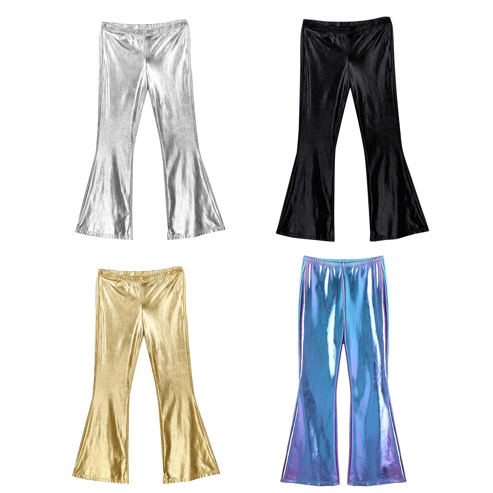 Mens Shiny Metallic Disco Pants with Bell Bottom Flared Long Pants Dude Costume Trousers for Rave Party Club Stage Performance