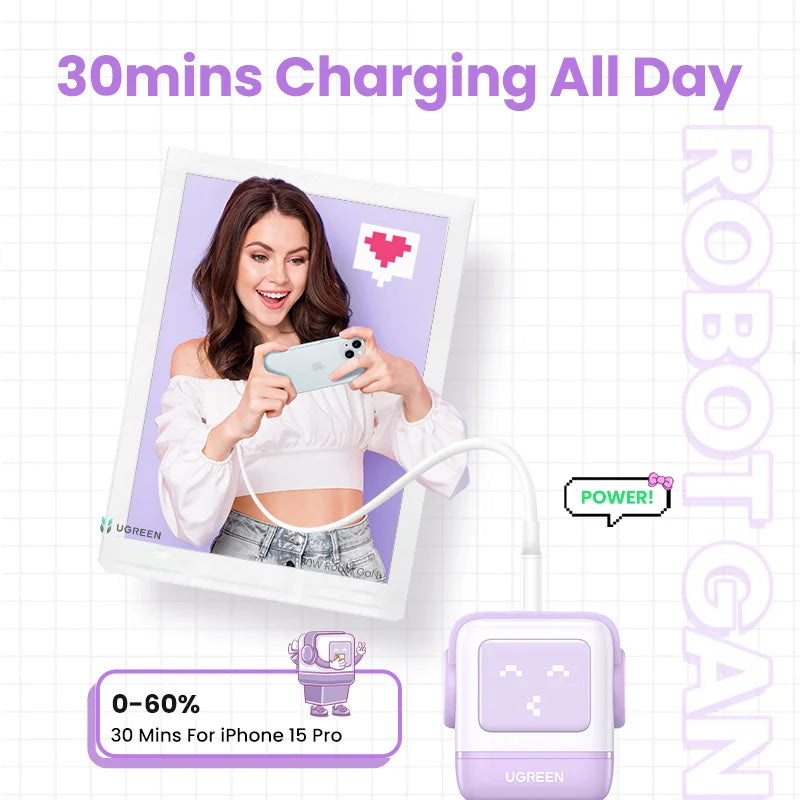 UGREEN 65W GaN Charger Uno Robot Design Quick Charge 4.0 3.0 PPS for iPhone 17 16 Pro Macbook Air Laptop Tablet PD Fast Charger
