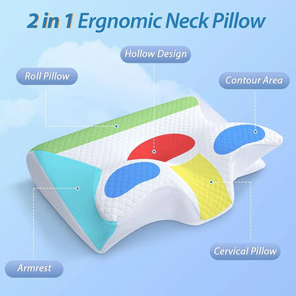Oreiller cervical en mousse à mémoire de forme, 2 en 1 – Oreiller orthopédique ergonomique à contour pour douleurs cervicales