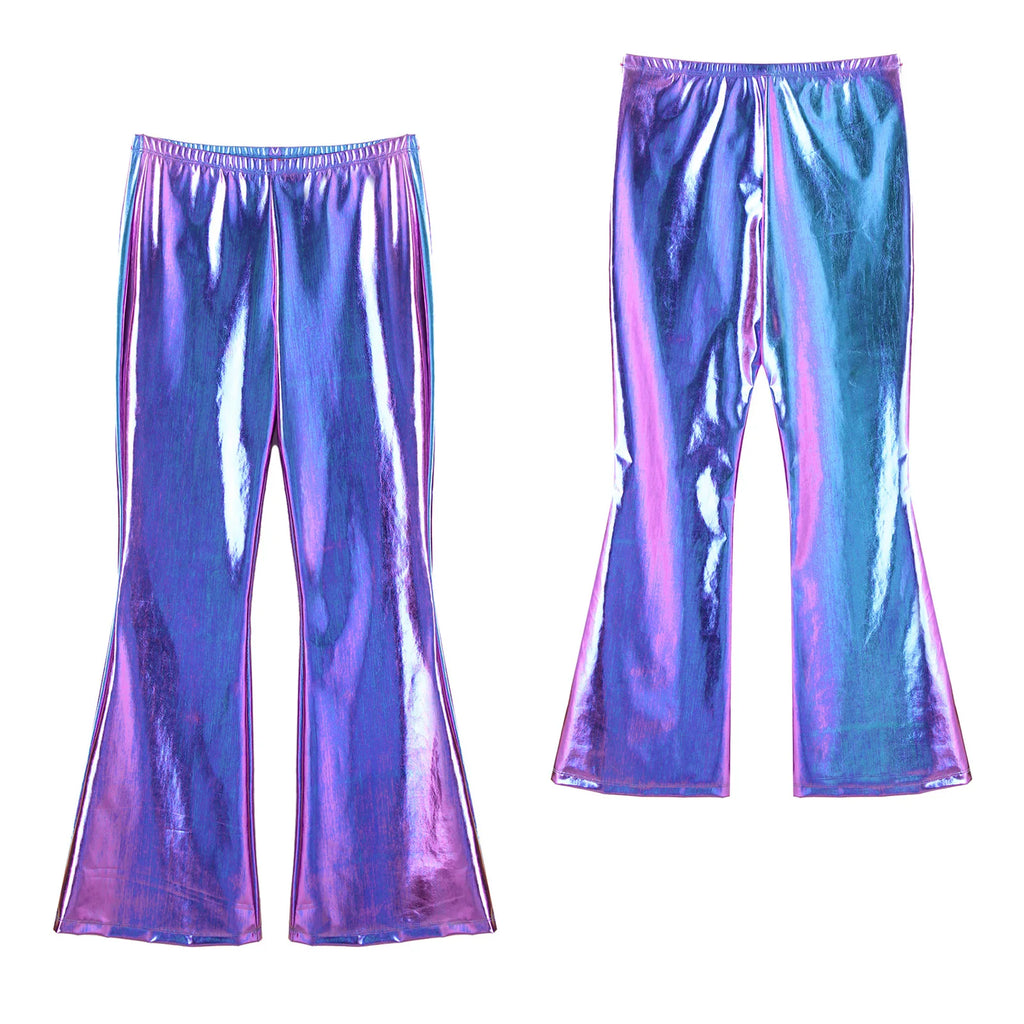 Mens Shiny Metallic Disco Pants with Bell Bottom Flared Long Pants Dude Costume Trousers for Rave Party Club Stage Performance