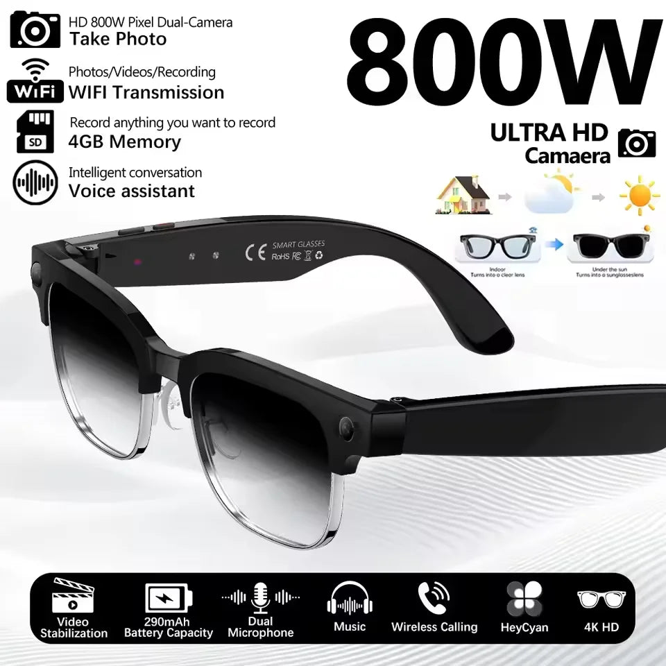 Lunettes Connectées Intelligentes 800W – Caméra, IA, Traduction Vocale & Appels