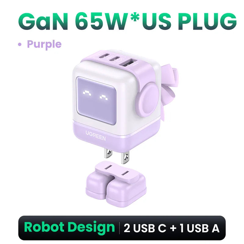 UGREEN 65W GaN Charger Uno Robot Design Quick Charge 4.0 3.0 PPS for iPhone 17 16 Pro Macbook Air Laptop Tablet PD Fast Charger