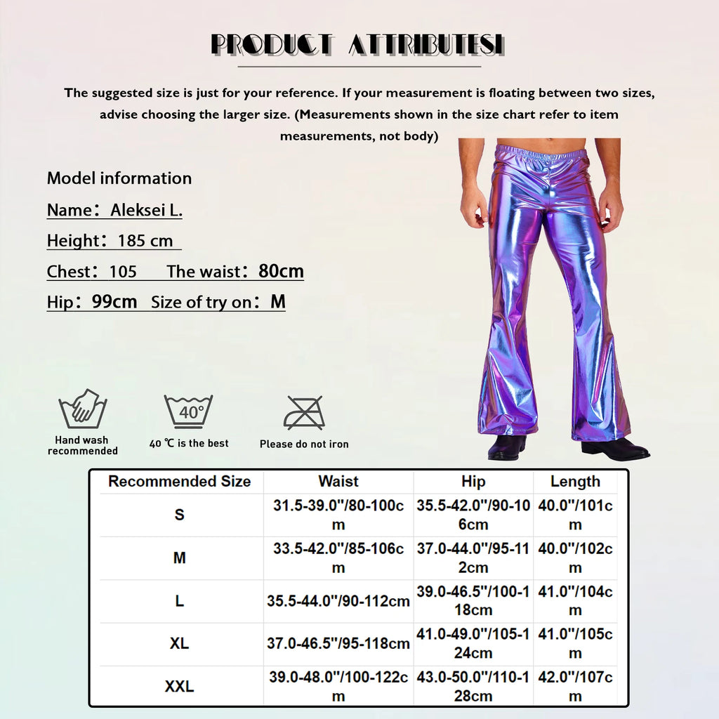 Mens Shiny Metallic Disco Pants with Bell Bottom Flared Long Pants Dude Costume Trousers for Rave Party Club Stage Performance