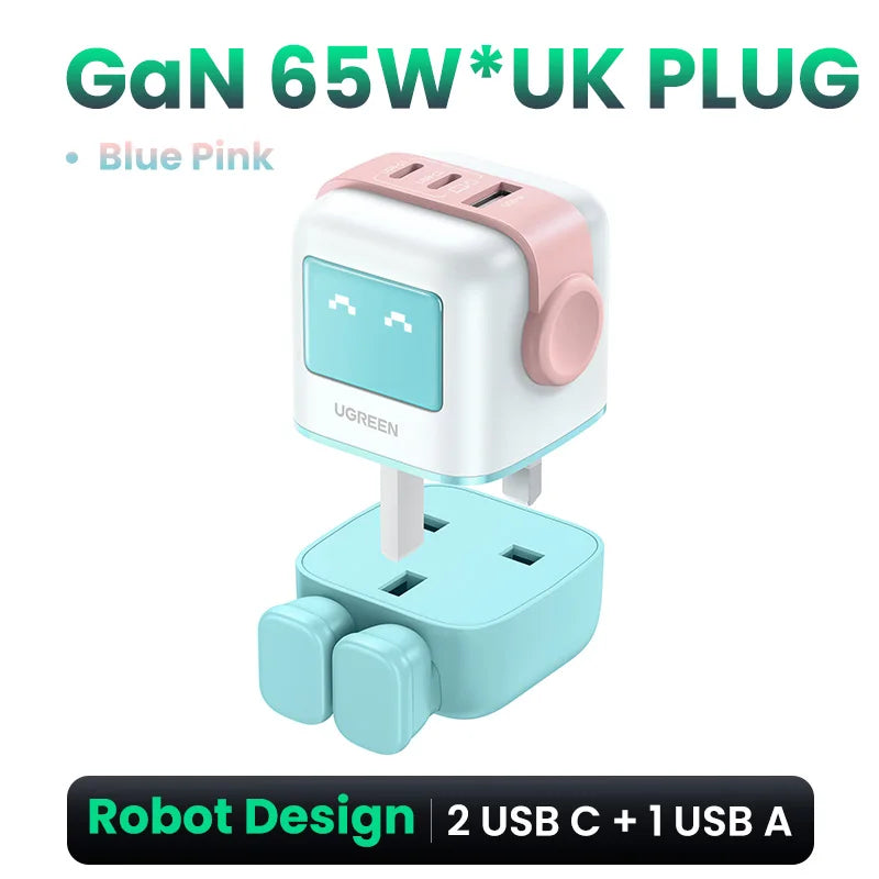 UGREEN 65W GaN Charger Uno Robot Design Quick Charge 4.0 3.0 PPS for iPhone 17 16 Pro Macbook Air Laptop Tablet PD Fast Charger