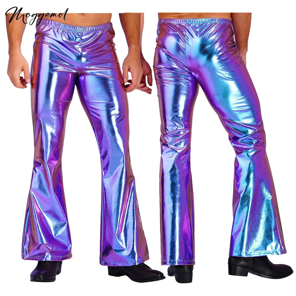 Mens Shiny Metallic Disco Pants with Bell Bottom Flared Long Pants Dude Costume Trousers for Rave Party Club Stage Performance