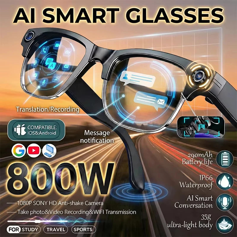Lunettes Connectées Intelligentes 800W – Caméra, IA, Traduction Vocale & Appels