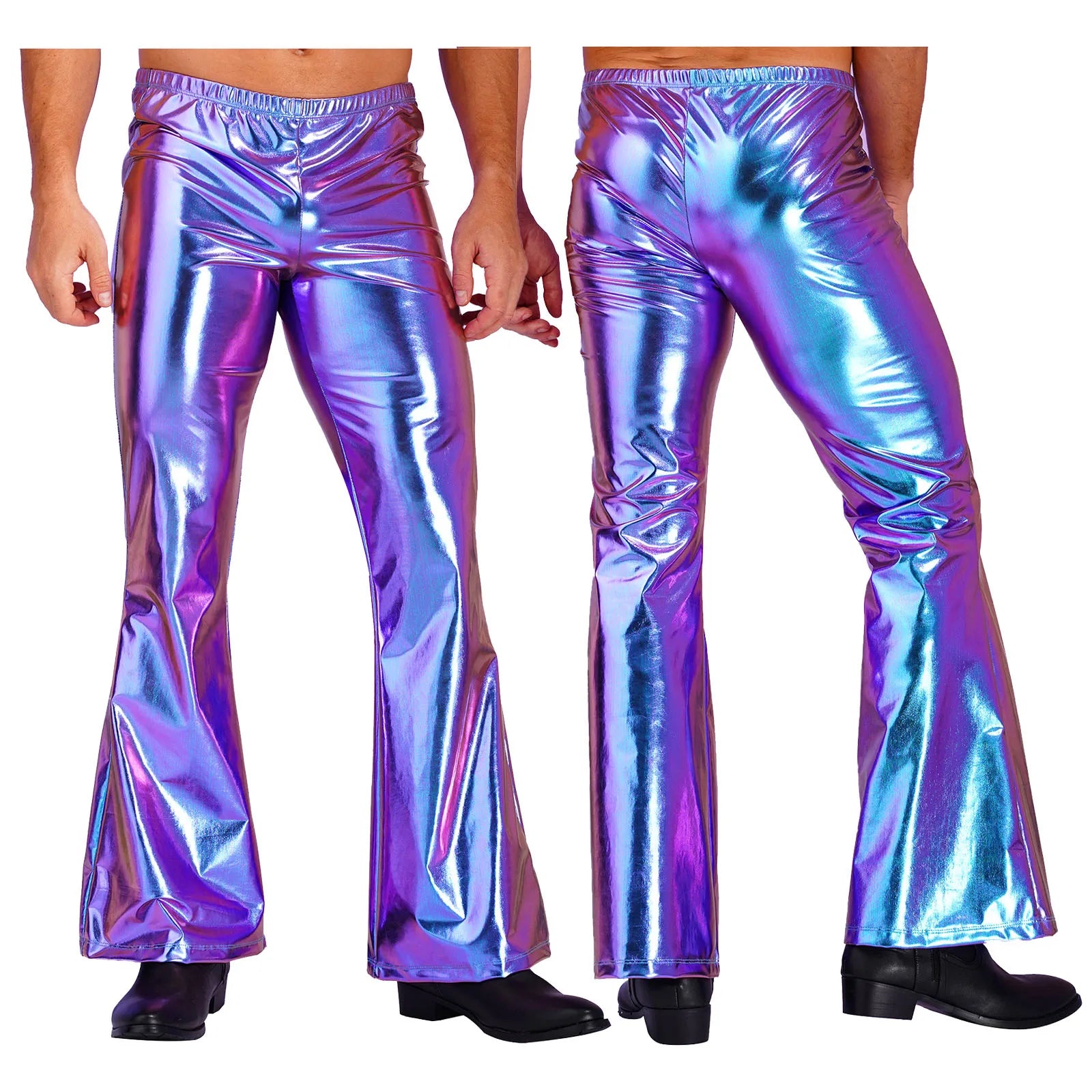 Mens Shiny Metallic Disco Pants with Bell Bottom Flared Long Pants Dude Costume Trousers for Rave Party Club Stage Performance